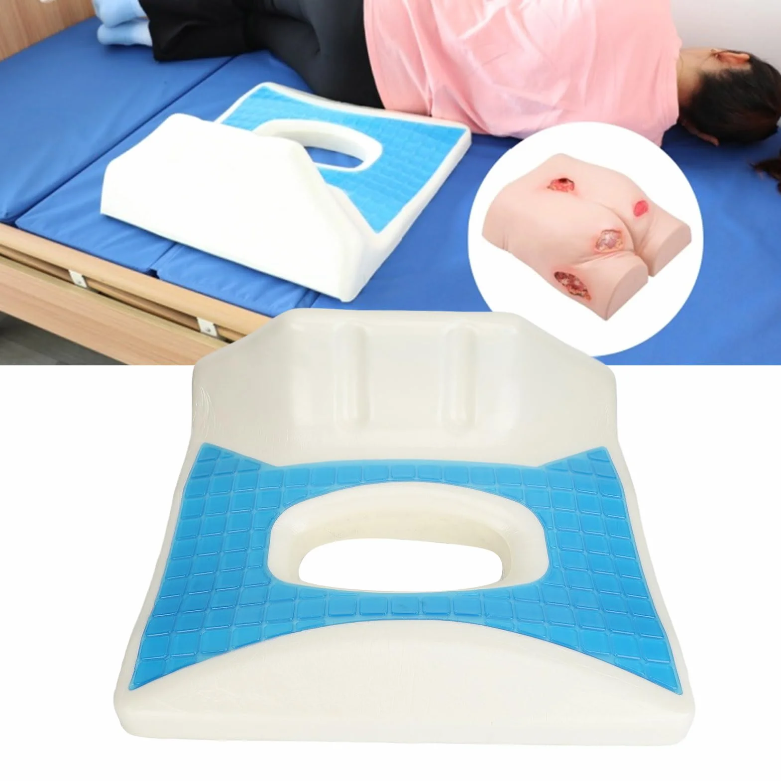 Cojín antiescaras, espuma viscoelástica con gel, alivio de presión, diseño hueco, funda lavable, postrado en cama, silla de ruedas, coxis, ciática, soporte