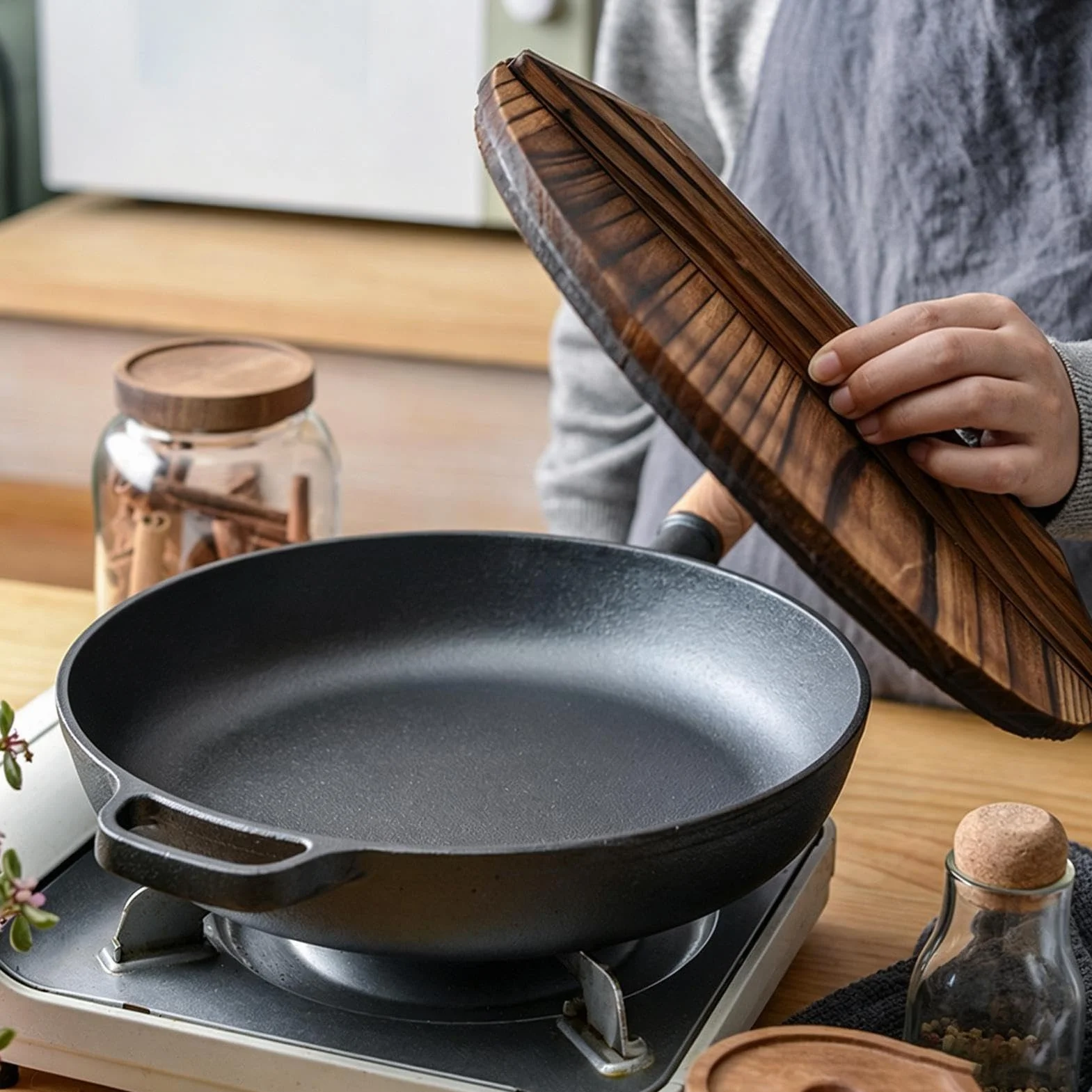 Genérico Sartén Hierro Fundido Con Tapa Olla Portátil Con Mango De Madera | Plancha Grill Cocina Para Sellar Hornear Cocinar Acampar Cocina Hogar Tortilla Pescado Huevos Panqueques