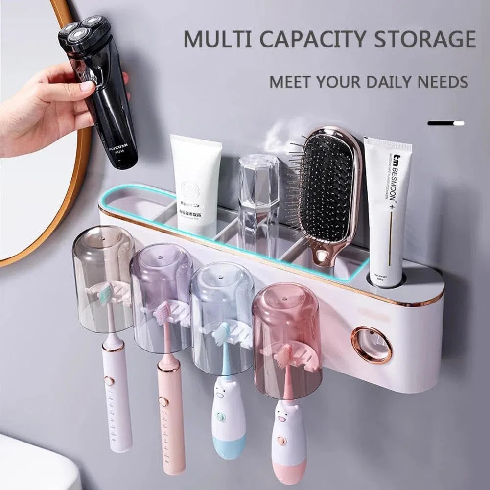 Soporte para cepillo de dientes montado en la pared, organizador de baño para cepillos de dientes 2/3/4 y pasta de dientes, estante de almacenamiento para accesorios de maquillaje del hogar, estantes