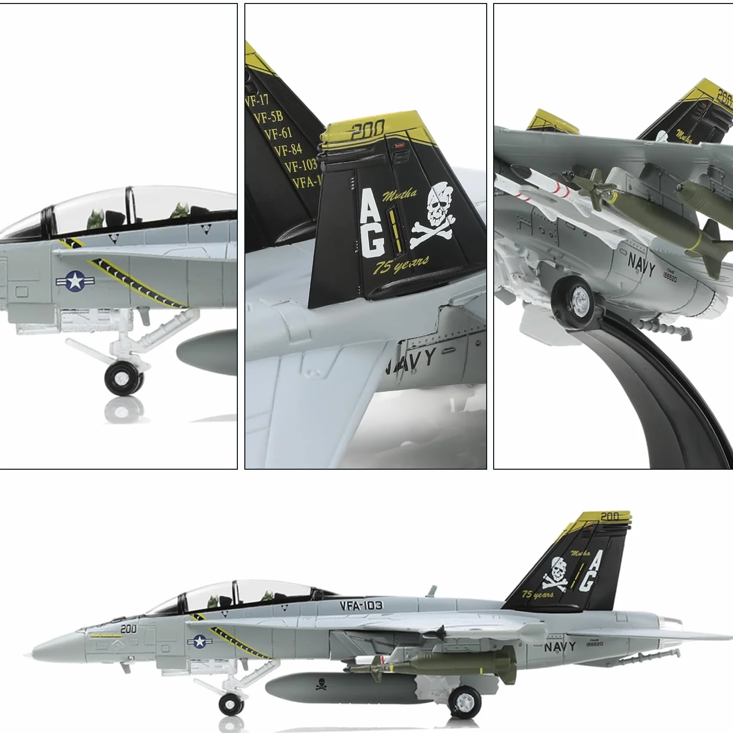 NUOTIE Modelo de Avión de Combate Preconstruido de Metal Fundido a Escala 1/100 F/A-18 Super Hornet, Réplica de la Librea Jolly Roger de 1943-2018 Militar para Colección o Regalo