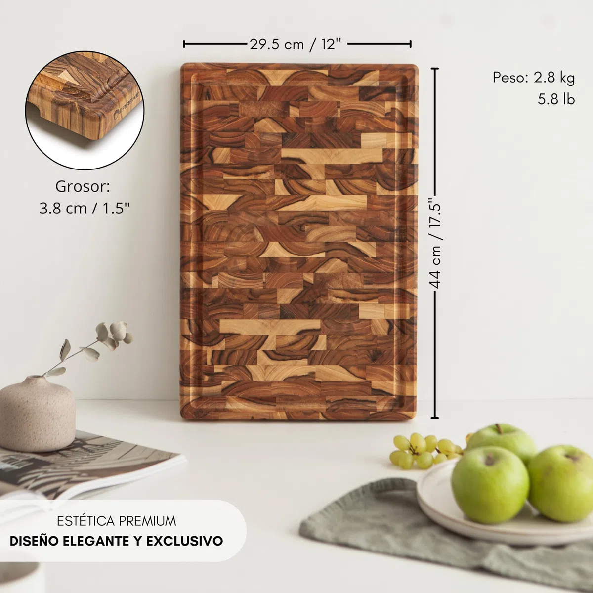 Erreke Tabla de Madera de Teca Natural End Grain, 44x30x3.8 cm, Grande | XL con Ranura para Jugos. Reversible y con Asas. Tabla Madera Cocina. Para Quesos Embutidos Carne Pan. Para Cocina y Mesa