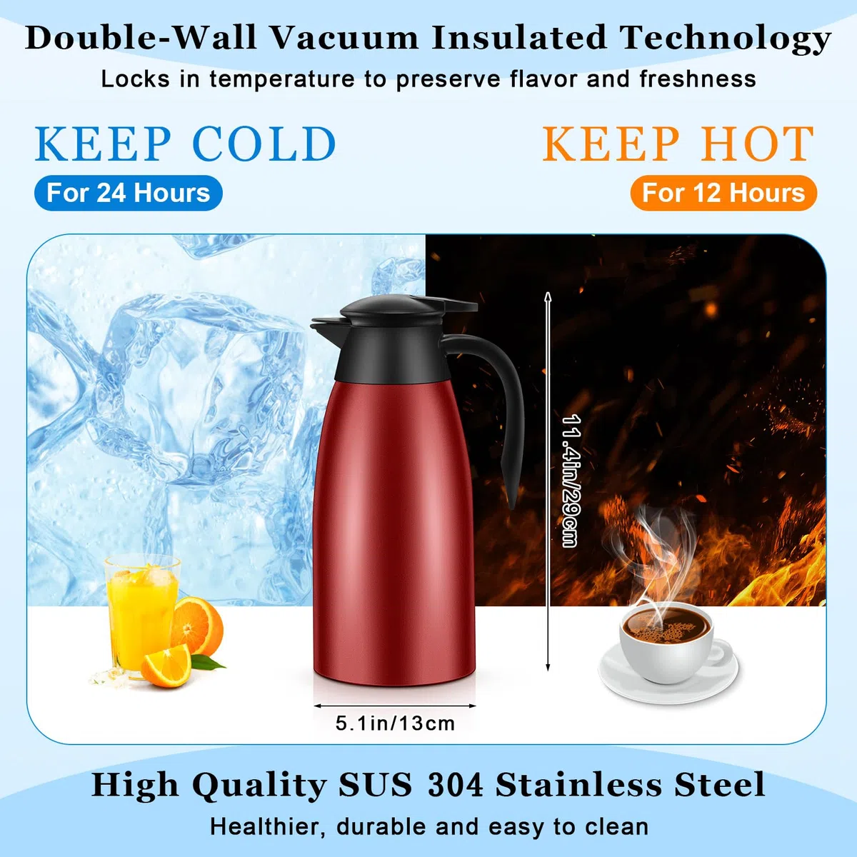 Uiifan 2 jarras térmicas de café de 68 onzas con aislamiento de acero inoxidable, jarra de café térmica de doble pared, jarra de café con cepillos para mantener el café y el té durante 12 horas (rojo