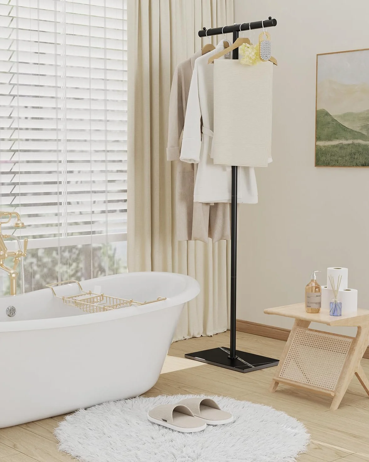 OUTBORS Perchero, Organizadora Independiente con Gancho, Multifuncion Percha de Estructura en Forma de T, Disponible para Armario, Dormitorio, Pasillo, Entrada, 175cm, Negro