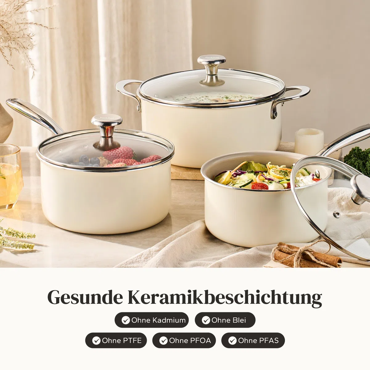 Redchef Juego de ollas de cerámica, 6 piezas para inducción, con tapa de cristal, cacerola de 24 cm, cacerola de 18 cm, 20 cm, apta para todo tipo de fuegos y hornos, apta para inducción (beige)