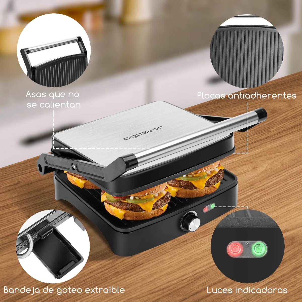Aigostar Calore Parrilla Eléctrica 1800W, Grill Electrico con Revestimiento Antiadherente, Sandwichera con Regulador de Temperatura, Apertura 180º, Placa Superior Flotante, Libre de BPA