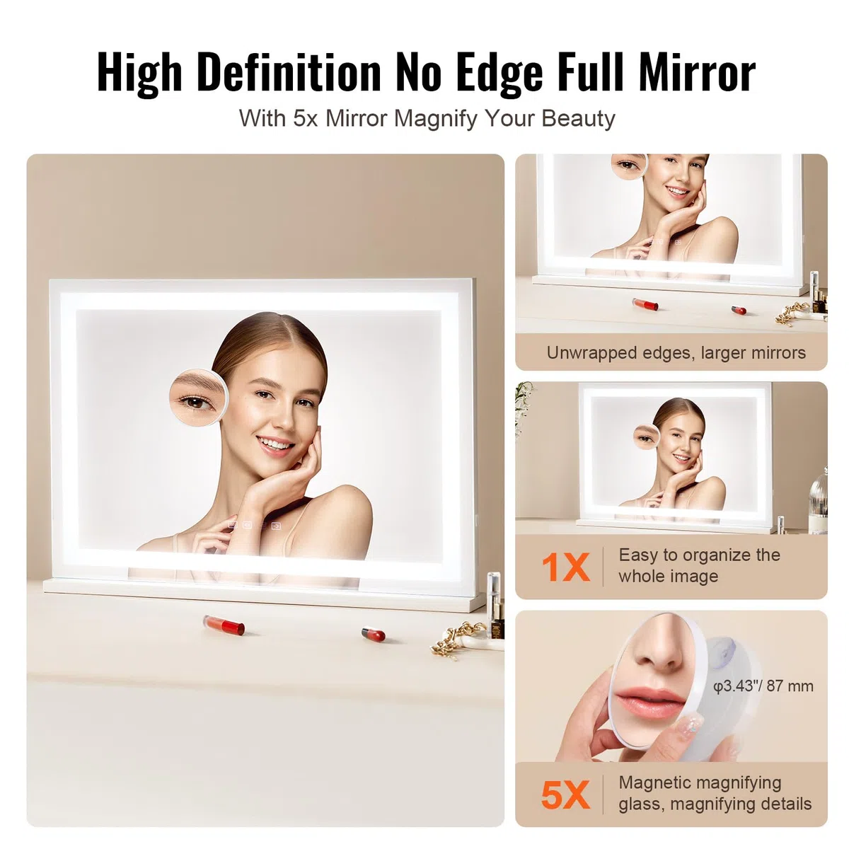 VEVOR Gran Espejo de Maquillaje Iluminado con Tres Modos de Iluminación Color, LED Luces, Aumento de 5X, Bluetooth, USB, Control Táctil Inteligente, Montaje en Pared a Escritorio, 800 x 120 x 572 mm