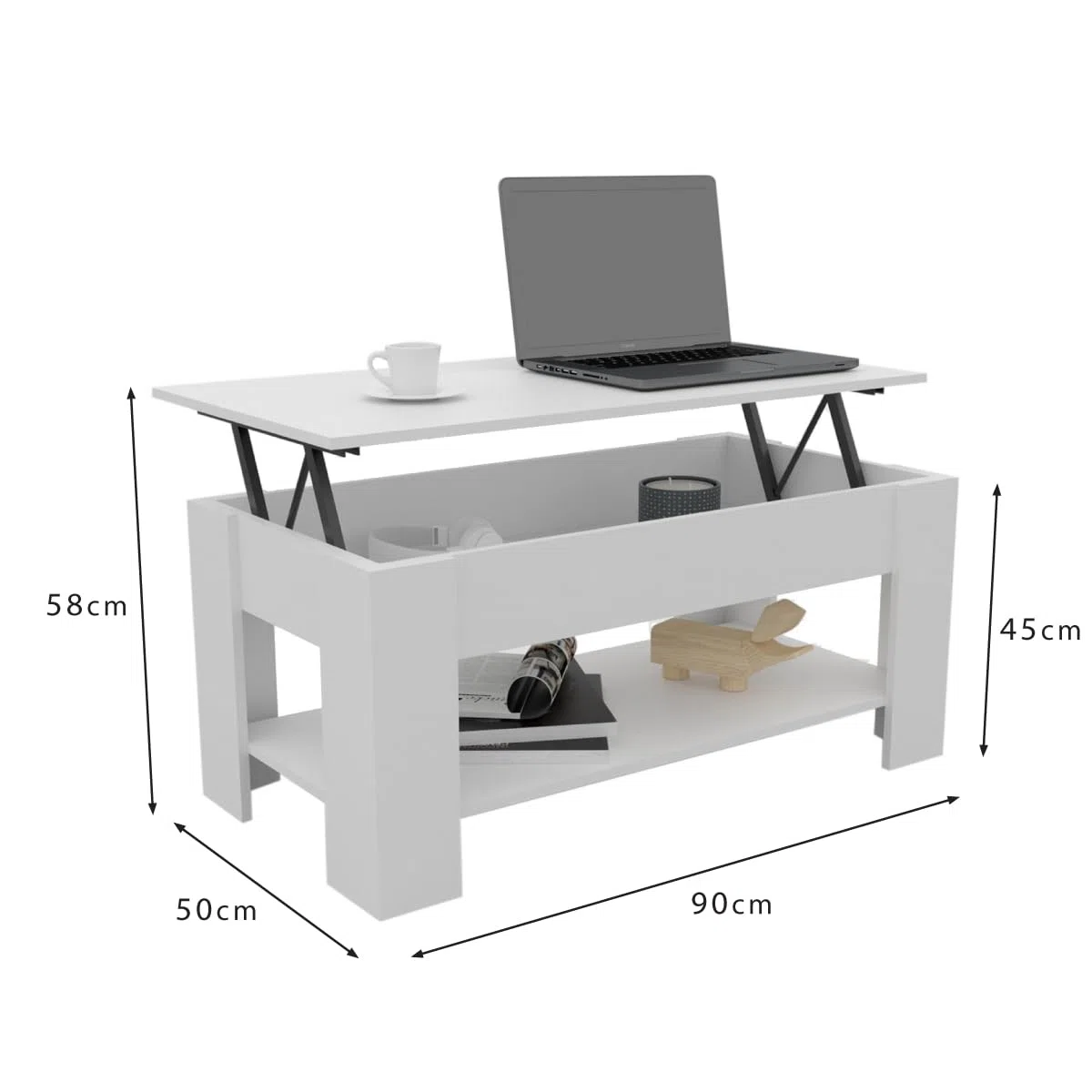 DORMIDAN- Mesa de Centro elevable con Revistero, Comedor o Auxiliar, Mayor Estabilidad. (Blanco Tapa Roble)