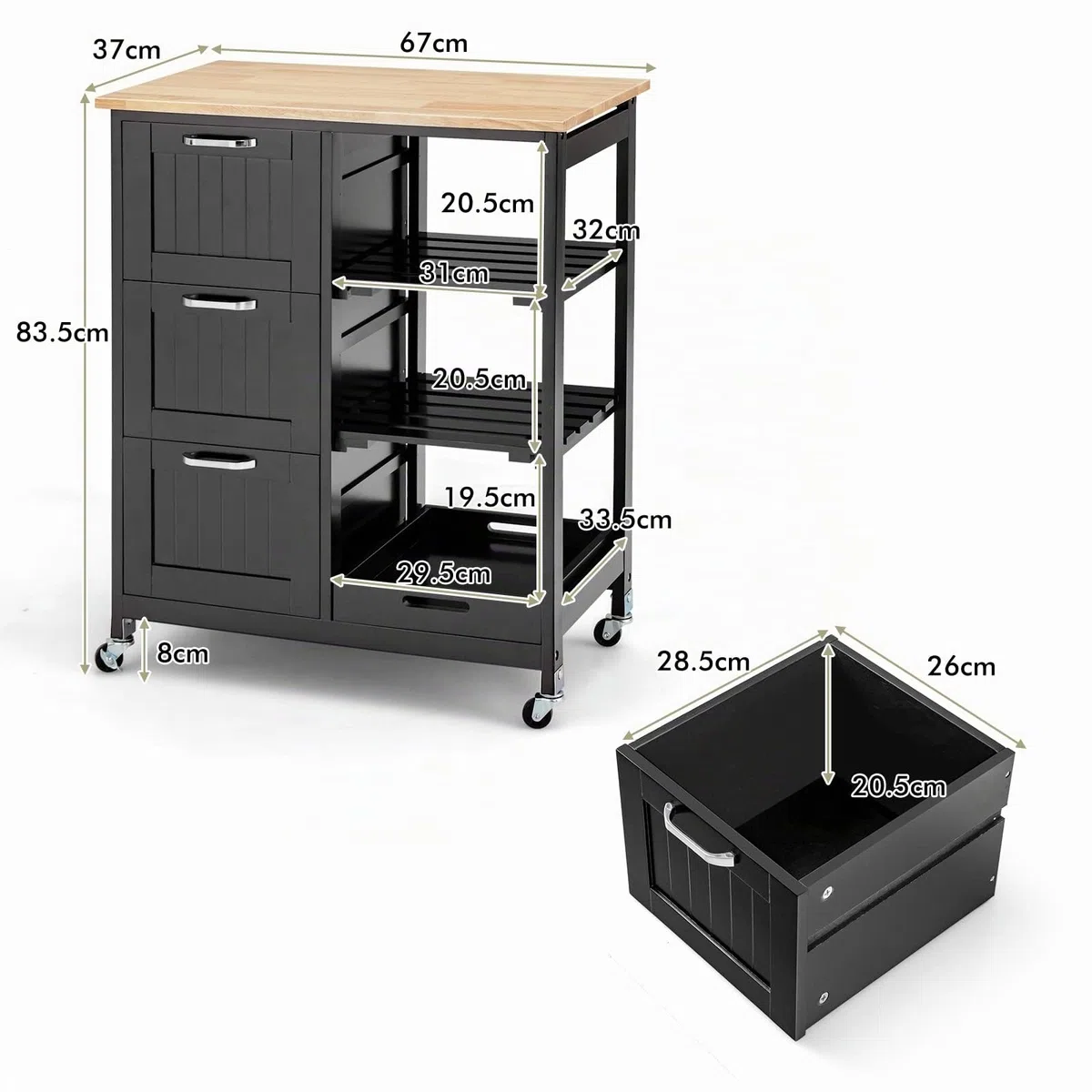KOMFOTTEU Carrito de Cocina con Ruedas, Carro de Servicio con 3 Estantes Abiertos y 3 Cajones, Carro Auxiliar con Encimera de Madera de Caucho, Isla de Almacenamiento para Comedor (Negro)