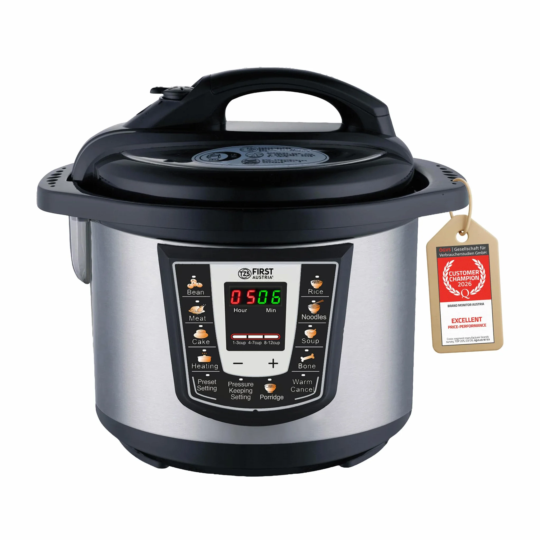 TZS First Austria - Olla a presión eléctrica 6L con 9 programas automáticos - Multicooker 1000W como arrocera, vaporera, Crock Pot, etc. - Multiolla eléctrico a presión