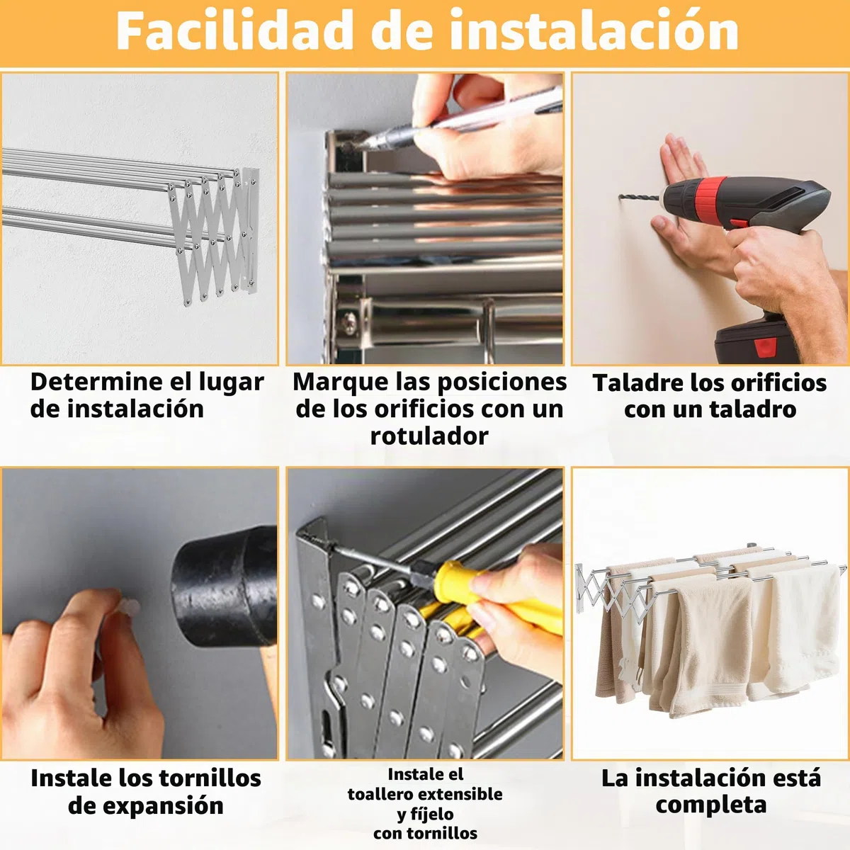 OUUTMEE Tendedero de pared de acero inoxidable extensible, área telescópica frontal y trasera: 12~68cm, con siete varillas de tracción, capacidad de carga 7.5kg (Plata)