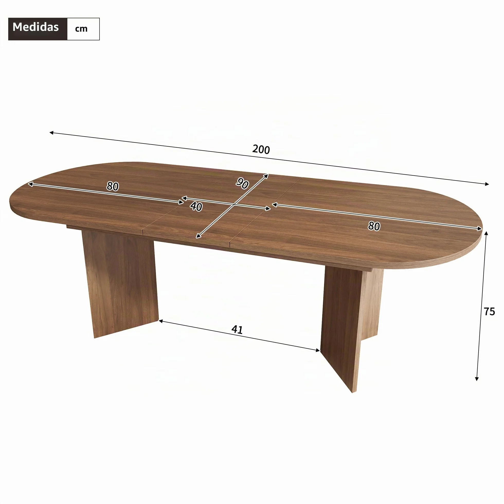 Mesa de Comedor Extensible Ovalada, 160/200 x 90 cm, Mesa de Comedor de Estilo Simple, Mesa de Cocina para 6-8 Personas, Tapa Gruesa, Esquinas Redondeadas, Color Nogal