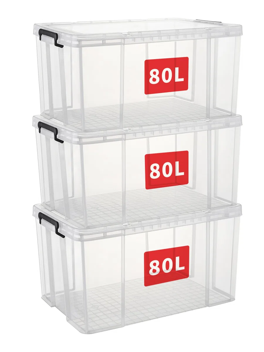 Cetomo 80L*3 Cajas de Almacenamiento, Cubo de Almacenamiento Plástico Apilable con Tapas, Contenedor de Alta Resistencia con Esquinas Reforzadas, Duradero, Transparente, 80L-Conjunto de 3