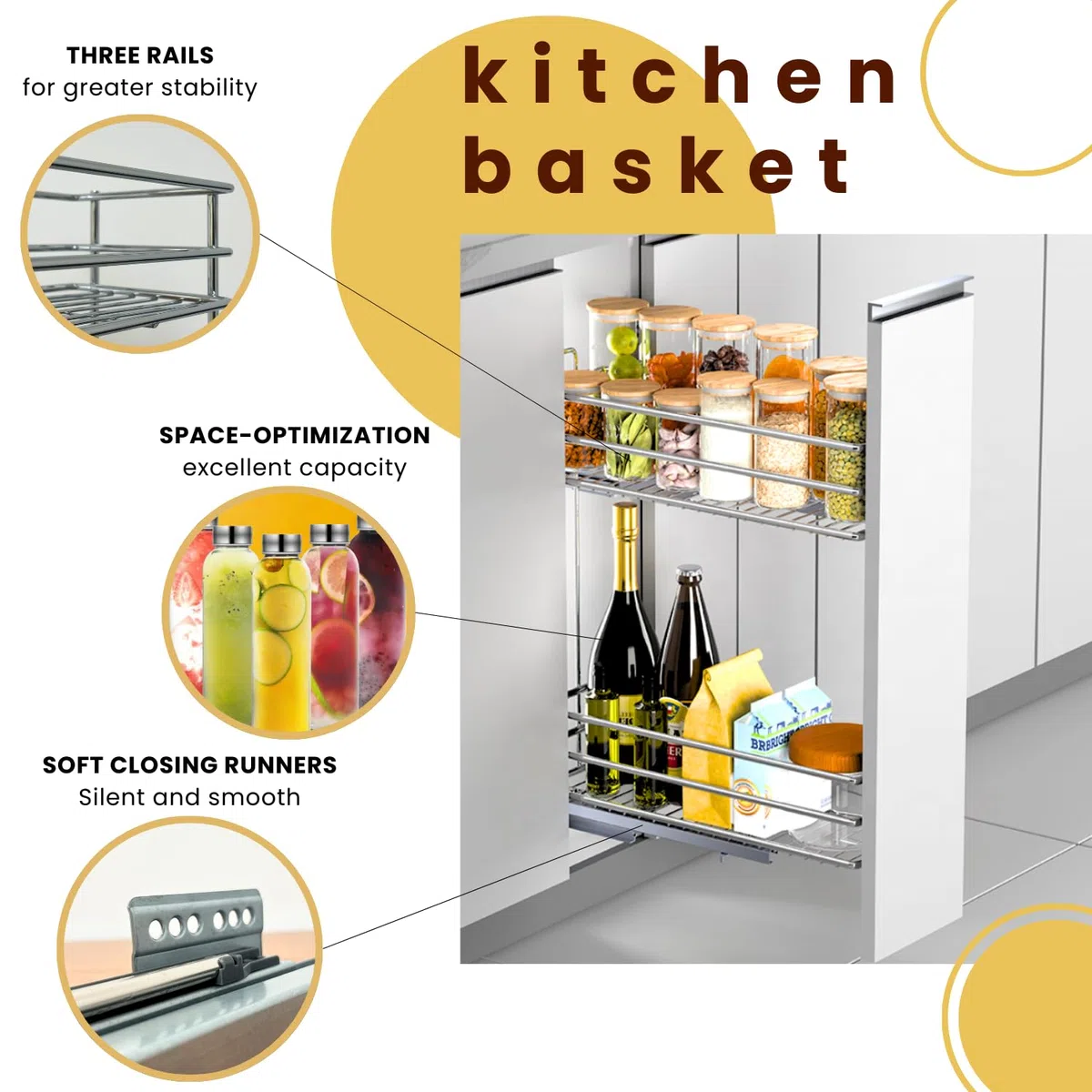 Evotrade - Cesta extraíble para módulo de 30 cm con guías de extracción total, carro deslizante amortiguado de acero inoxidable, portabotellas y tarros, ideal para cocinas y despensa