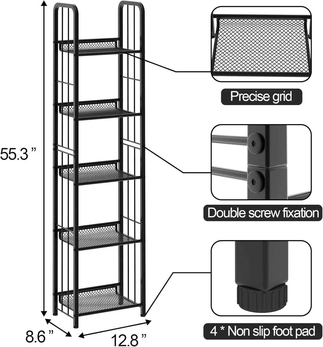 Estantería de 5 niveles, estantería independiente, estantería de oficina, estantería de pie, marco de metal estable, estantería de almacenamiento para salón, dormitorio, oficina, estudio, estilo
