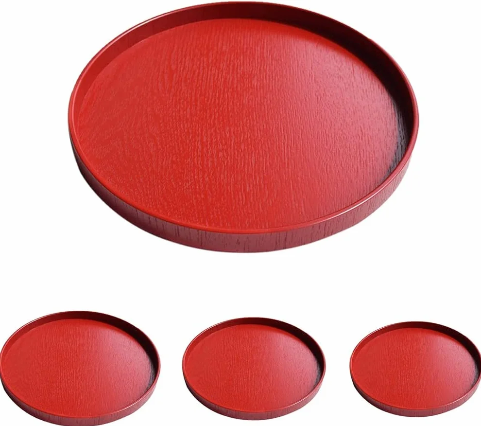 Útil Bandeja de baño roja de 21 cm, Plato de Madera Antideslizante Redondo, Bandeja de tocador para Servir Aperitivos, ensaladera, Bandeja de Almacenamiento Interior
