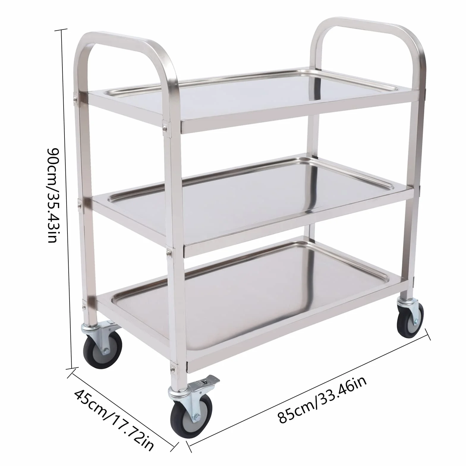 Carro de servicio de 3 niveles, 85 x 45 x 90 cm, acero inoxidable con freno, carrito de metal, restaurante, hotel, escuela, oficina, cocina, carrito