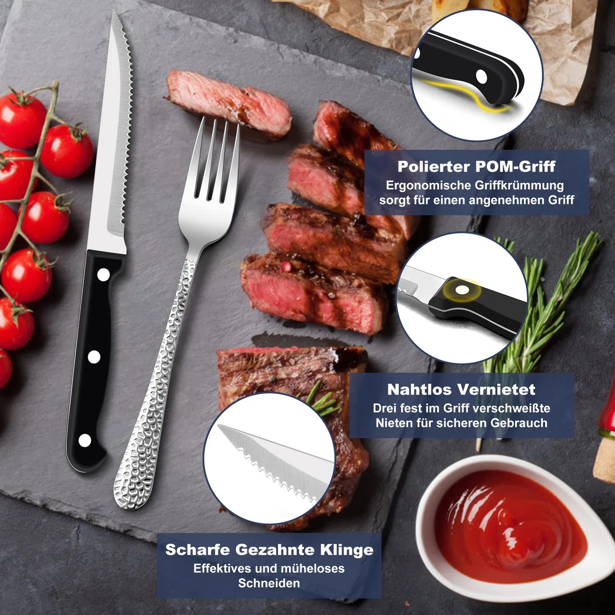 HaWare Juego de cubiertos de acero inoxidable de 72 piezas con cuchillo de carne para 12 personas, moderno juego de cubiertos con mango de martillo, cuchillo, tenedor y cuchara, para casa/restaurante,