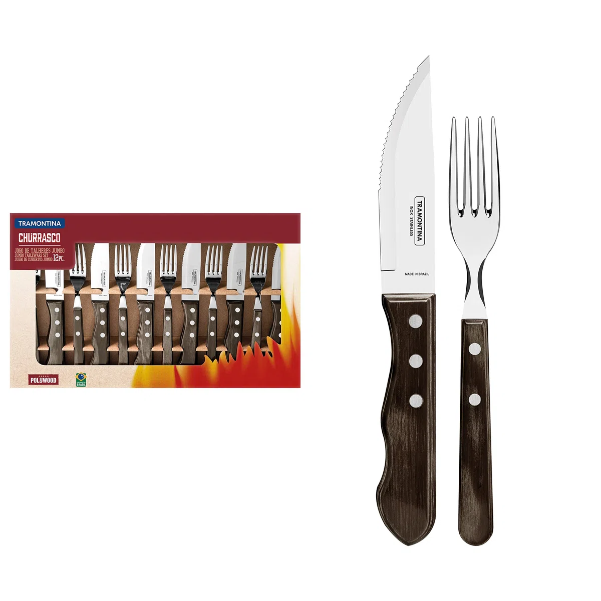 Tramontina Cubiertos Jumbo para Carne Acero Inoxidable Polywood 12 Piezas | Color Castaño, con Mango de Madera Tratada