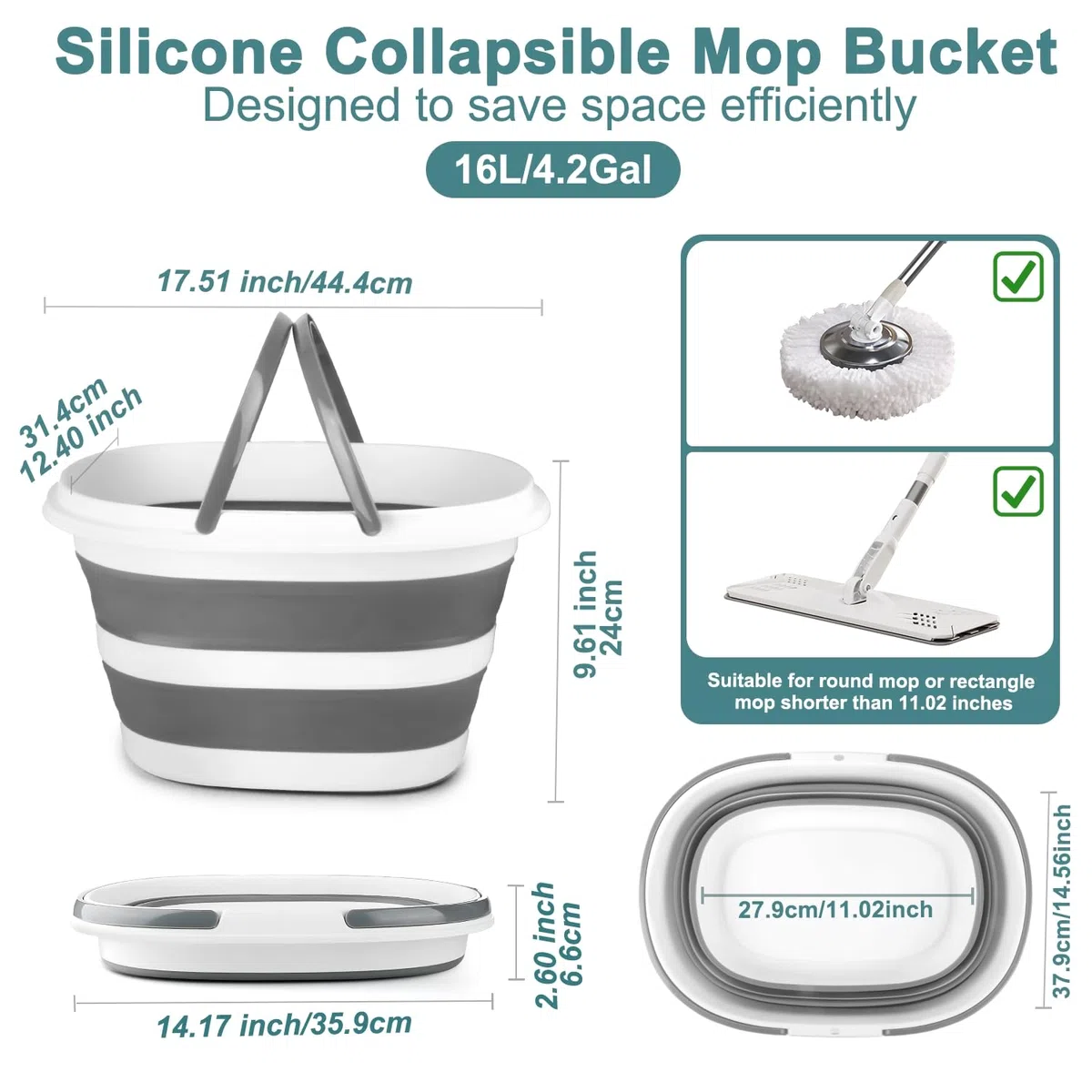 Cubo plegable para fregona con asa para limpieza, cubo cuadrado de silicona de 16 litros para limpieza de ventanas o lavado de automóviles, organizador de suministros de limpieza, cubo de plástico
