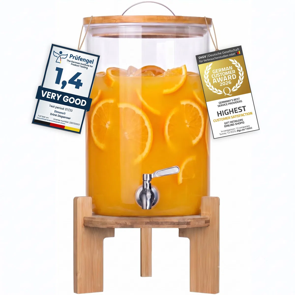 DIMONO® Dispensador de Bebidas de Vidrio con Grifo, 8 L | Vidrio borosilicato resistente al calor - grifo antigoteo de acero inoxidable - soporte y tapa de bambú