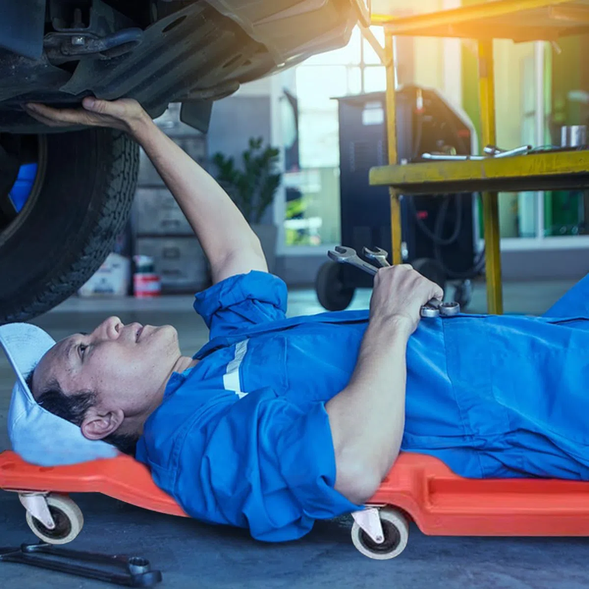 Carro Mecánico Deslizante Bajo Vehículo - Silla de Taller con Ruedas - Plataforma Antideslizante con Ruedas 91 cm para Cambio de Aceite Rotación de Neumáticos y Reparación de Chasis