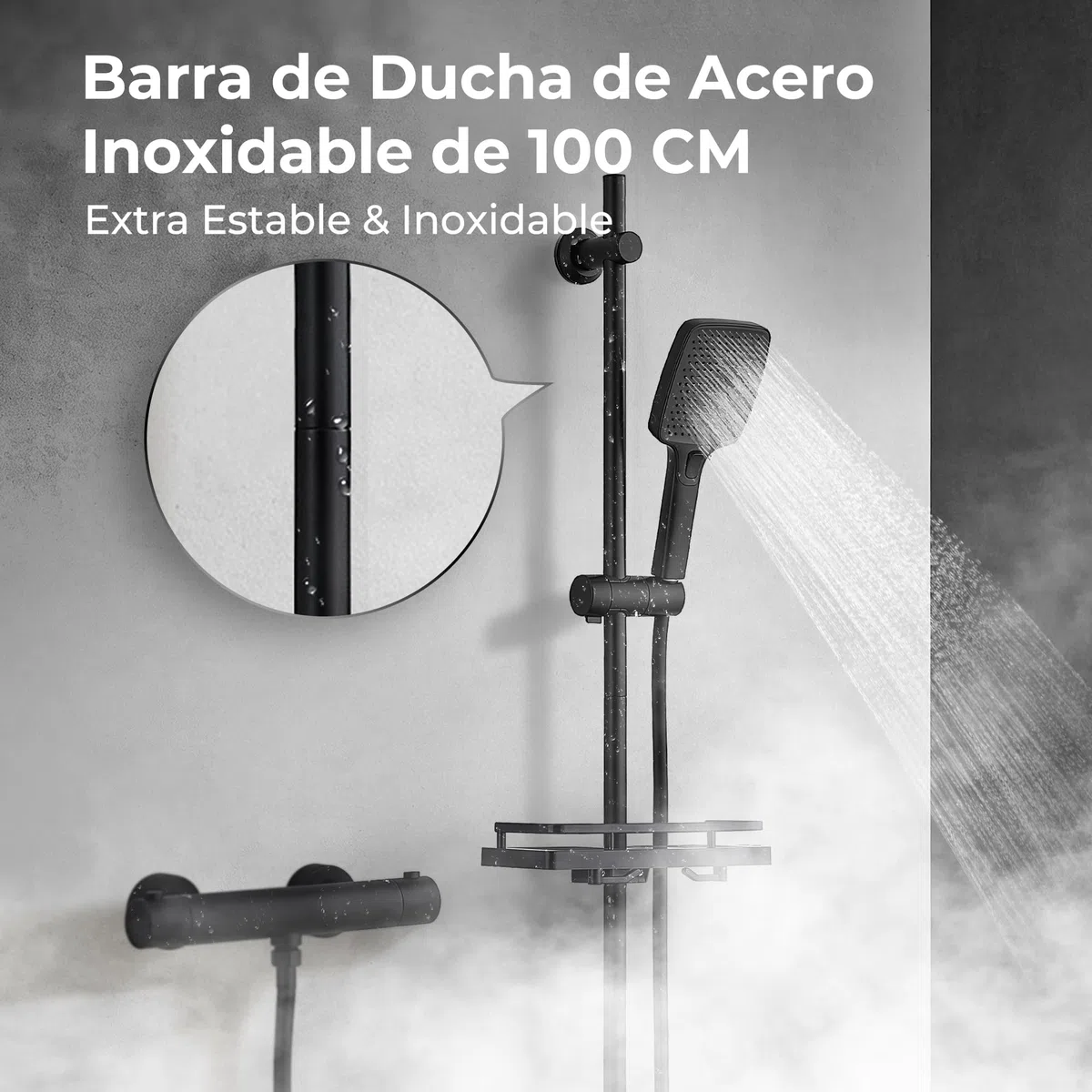 Görbach Barra de Ducha 100 cm de Acero Inoxidable, Columna Sin Grifo con Soporte de Alcachofa y Soportes de pared, Estante Ducha Ajustable en Altura, Negro