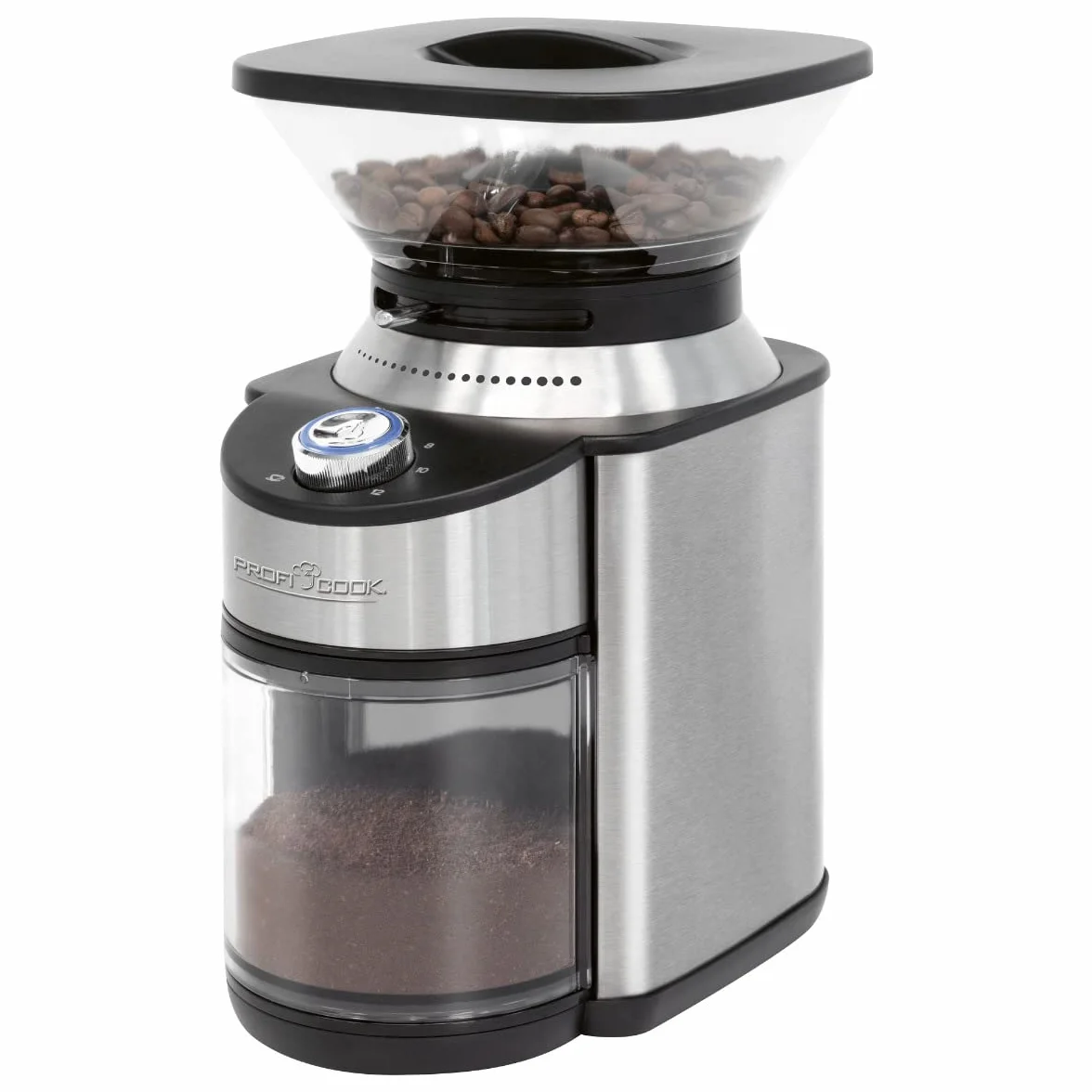 ProfiCook PC-EKM 1205 - Molinillo de café eléctrico, 200 W, 16 ajustes de grado de molienda, acero inoxidable, molinillo de café, hasta 230 g de granos de café, temporizador eléctrico