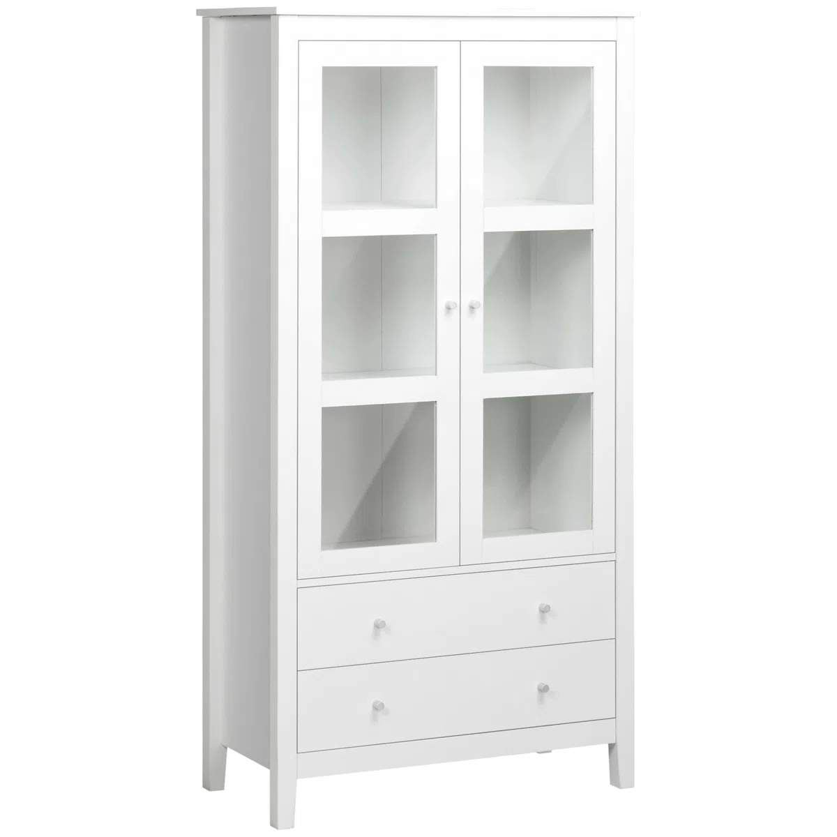 HOMCOM Vitrina de Salón Aparador de Cocina 2 Puertas 80x40x160 cm Blanco | Vidrio Templado, 3 Estantes, 2 Cajones, Bisagras de Cierre Suave, para Comedor Oficina