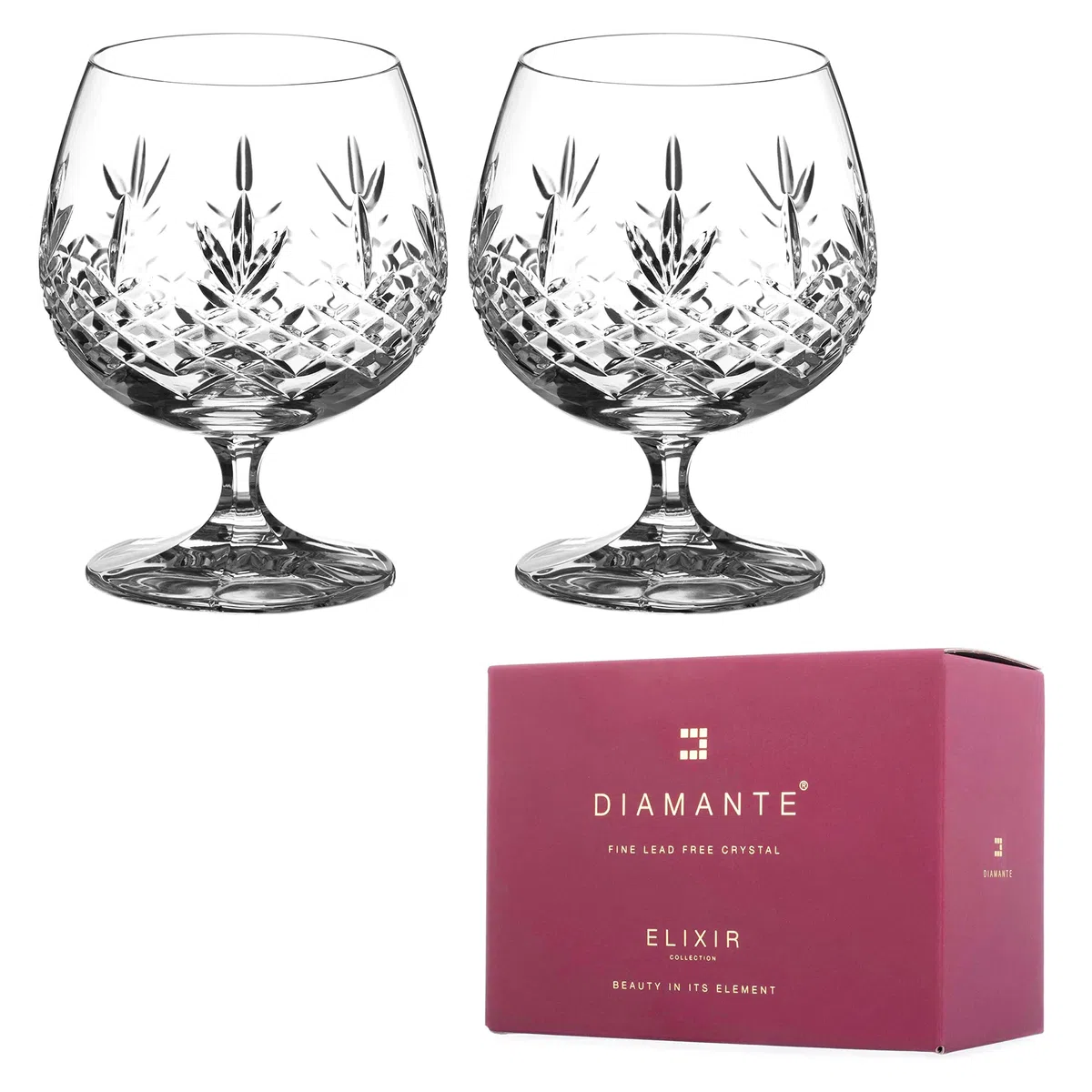 DIAMANTE Par de vasos de brandy o coñac, colección Buckingham, 2 vasos de cristal cortados a mano