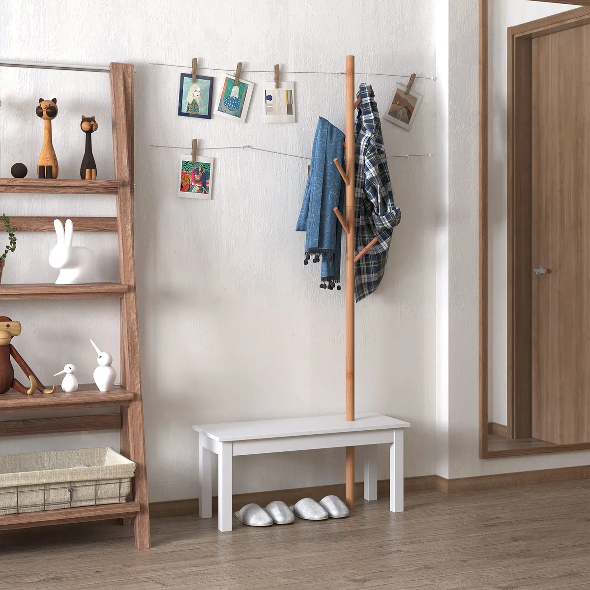 HOMCOM Perchero de Pie con Banco Colgador Tipo Árbol Moderno 6 Ganchos para Colgar Ropa Bolsa Pasillo Entrada Bambú y MDF 80x30x180cm