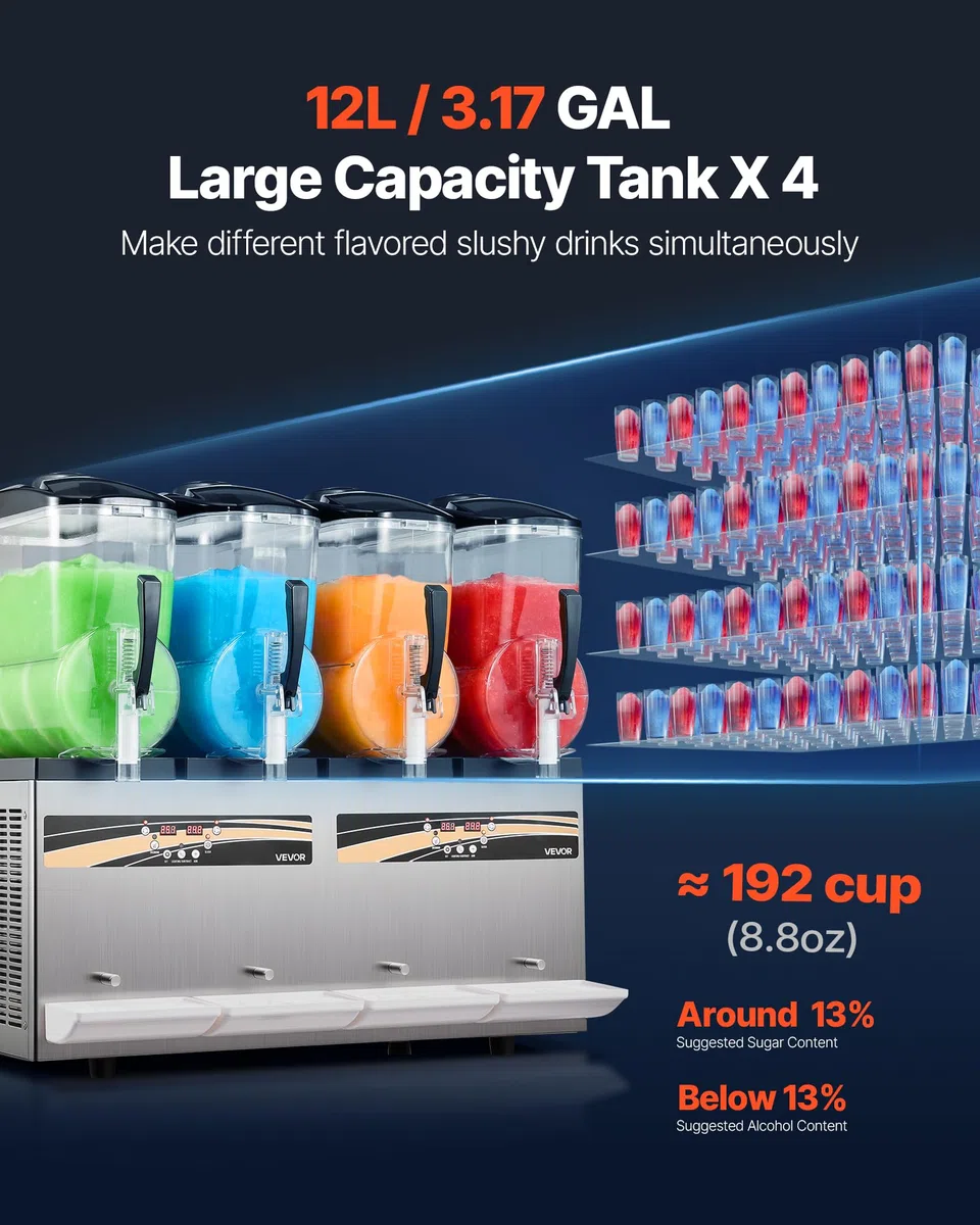 VEVOR Máquina para Hacer Granizados con 4 Tanques de 12 L, Máquina de Granizado Comercial para Margaritas, Batidos, sin Necesidad de Hielo, con Autolimpieza, para Restaurantes, Bares, Fiestas