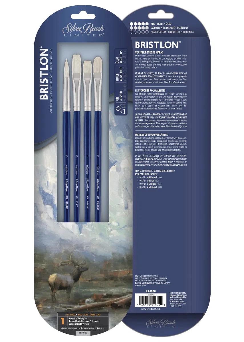 Silver Brush Limited Bristlon - Juego de 4 Pinceles para Pintura acrílica y óleo - Mango Largo