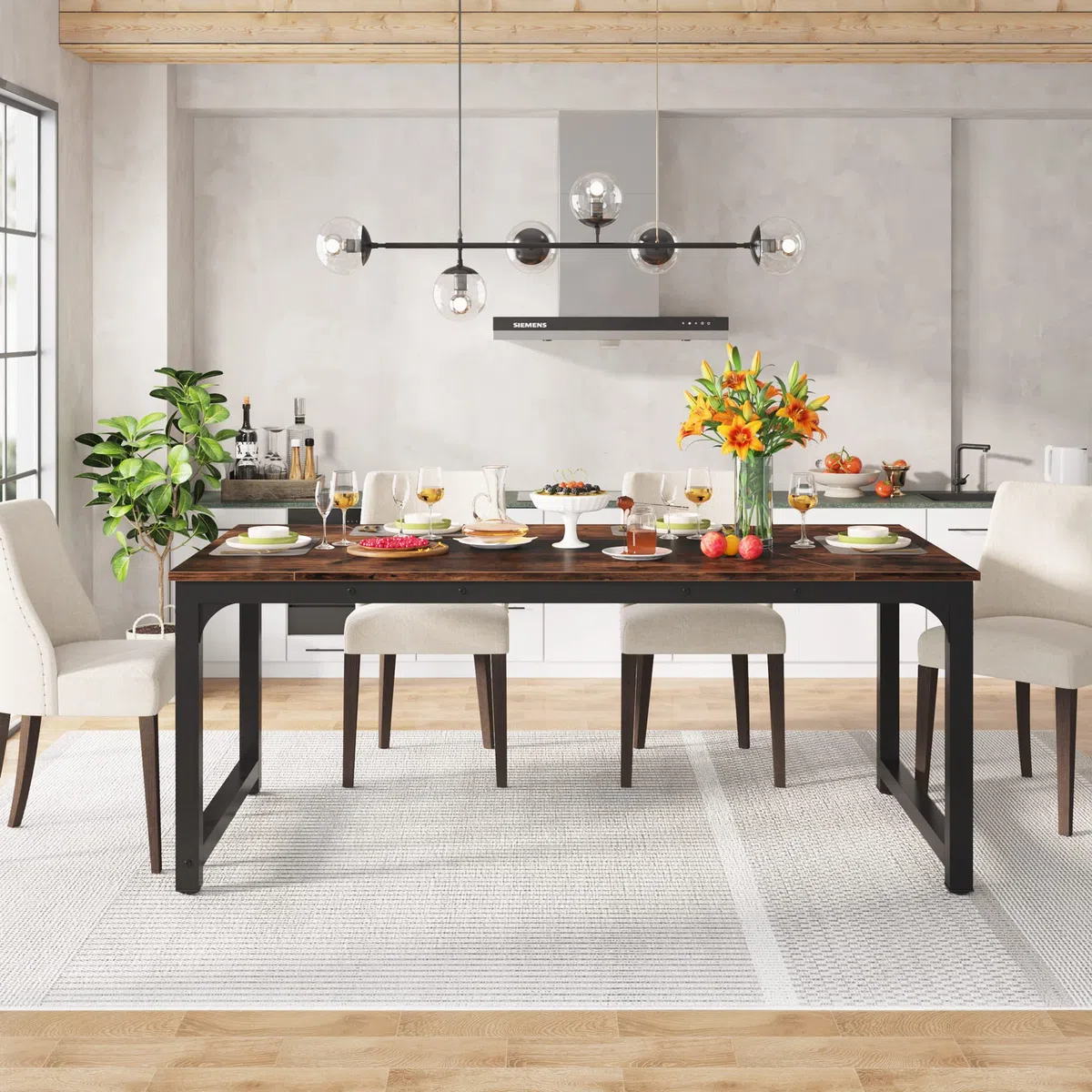 Tribesigns Mesa de Comedor Industrial para 6-8 Personas, 180 x 90 x 77 cm, Mesa de Comedor Rectangular para Comedor, Salón, con Patas de Metal Duraderas, Marrón Rústico
