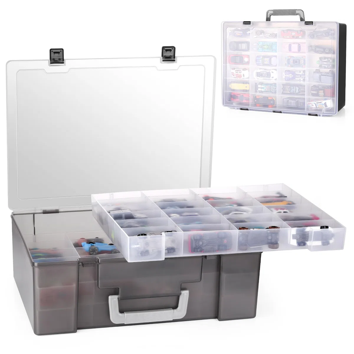 Caja de juguetes con 72 compartimentos, compatible con coches Hot Wheels, Matchbox, minijuguetes y muñecas pequeñas, deja ver el interior, 3 bandejas extraíbles (negro)