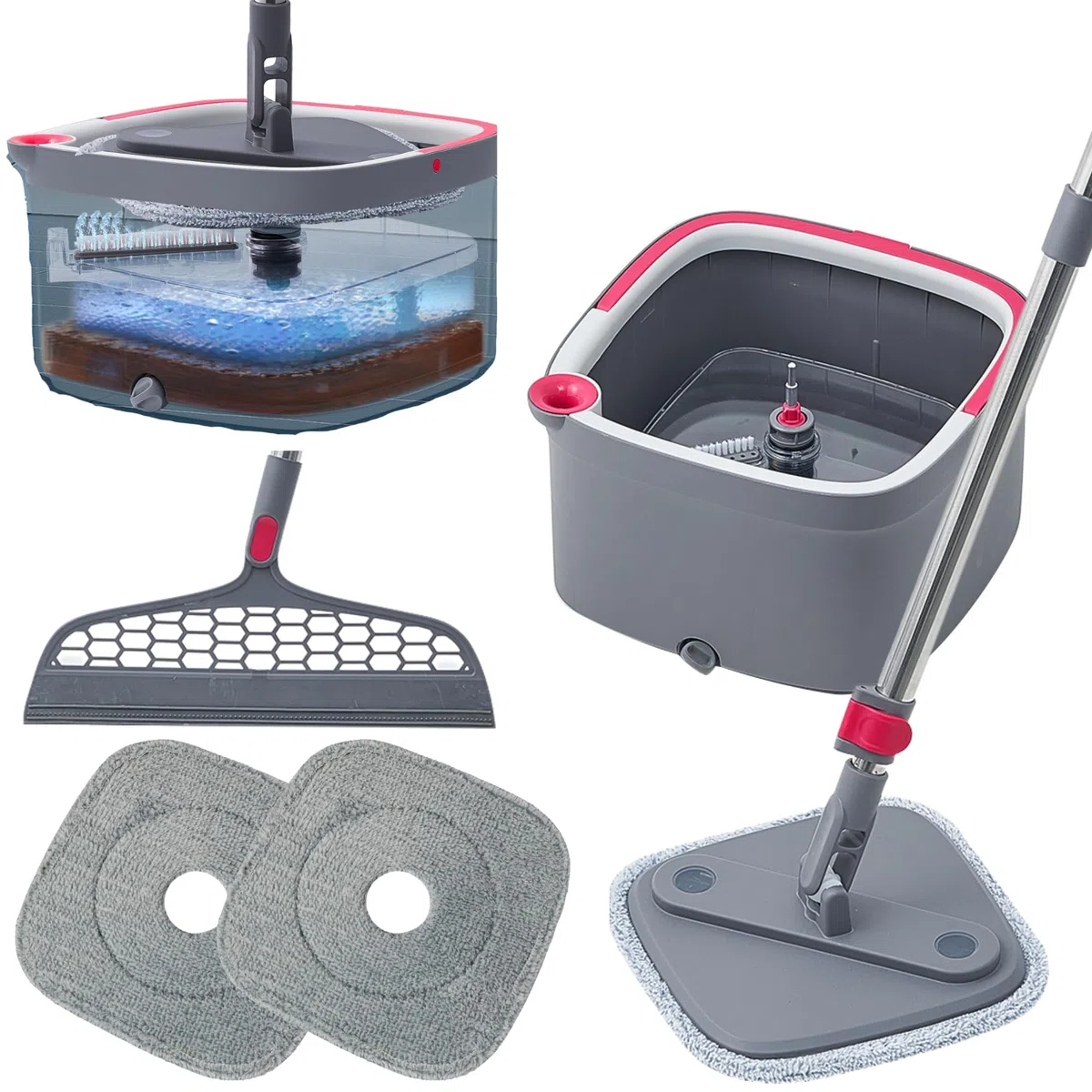Mopa giratoria Cuadrada Resistente para Limpieza de Suelos, Compartimento Separado para Agua Limpia y Sucia, Utiliza Cualquier solución de Limpieza, autolimpieza, Almohadillas Lavables a máquina
