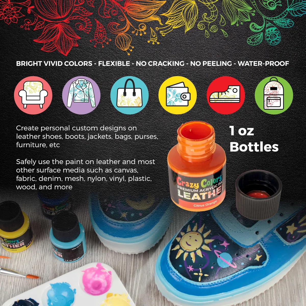 Crazy Colors Kit de pintura acrílica de alta calidad para cuero y zapatos, 13 colores, desengrasante, juego de pinceles de 4 piezas, botellas de 1 onza, flexible, resistente a los arañazos, zapatillas