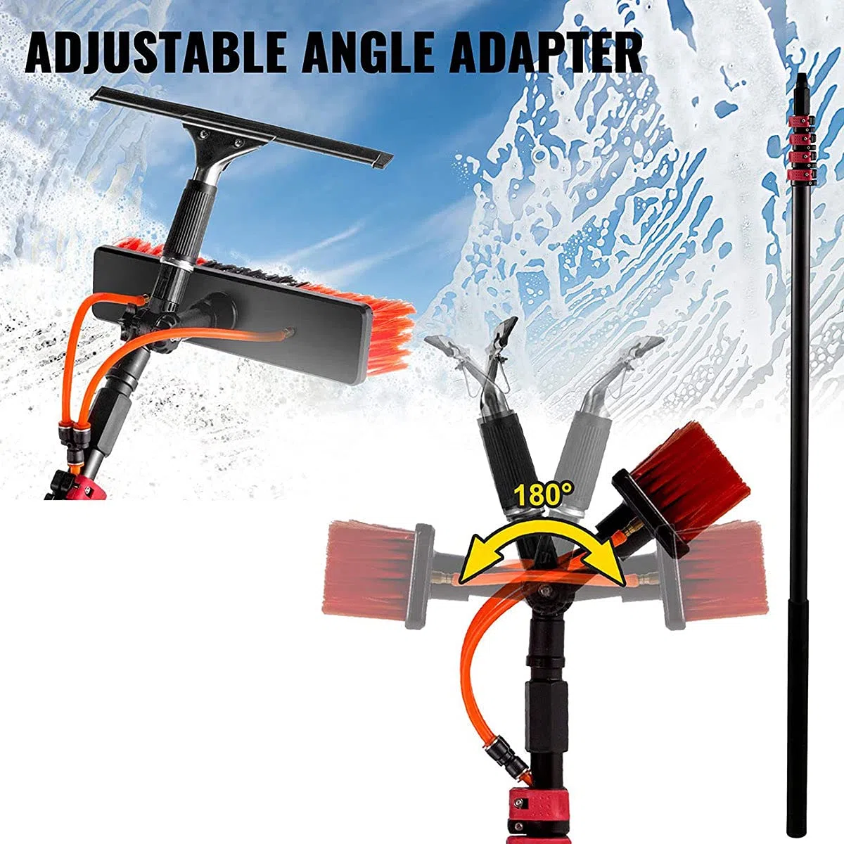 Kit de poste de alimentación de 12 pies para limpieza de ventanas y energía solar, cepillo para hacer frente con agujero, ideal para una limpieza eficiente de ventanas y paneles solares, color rojo