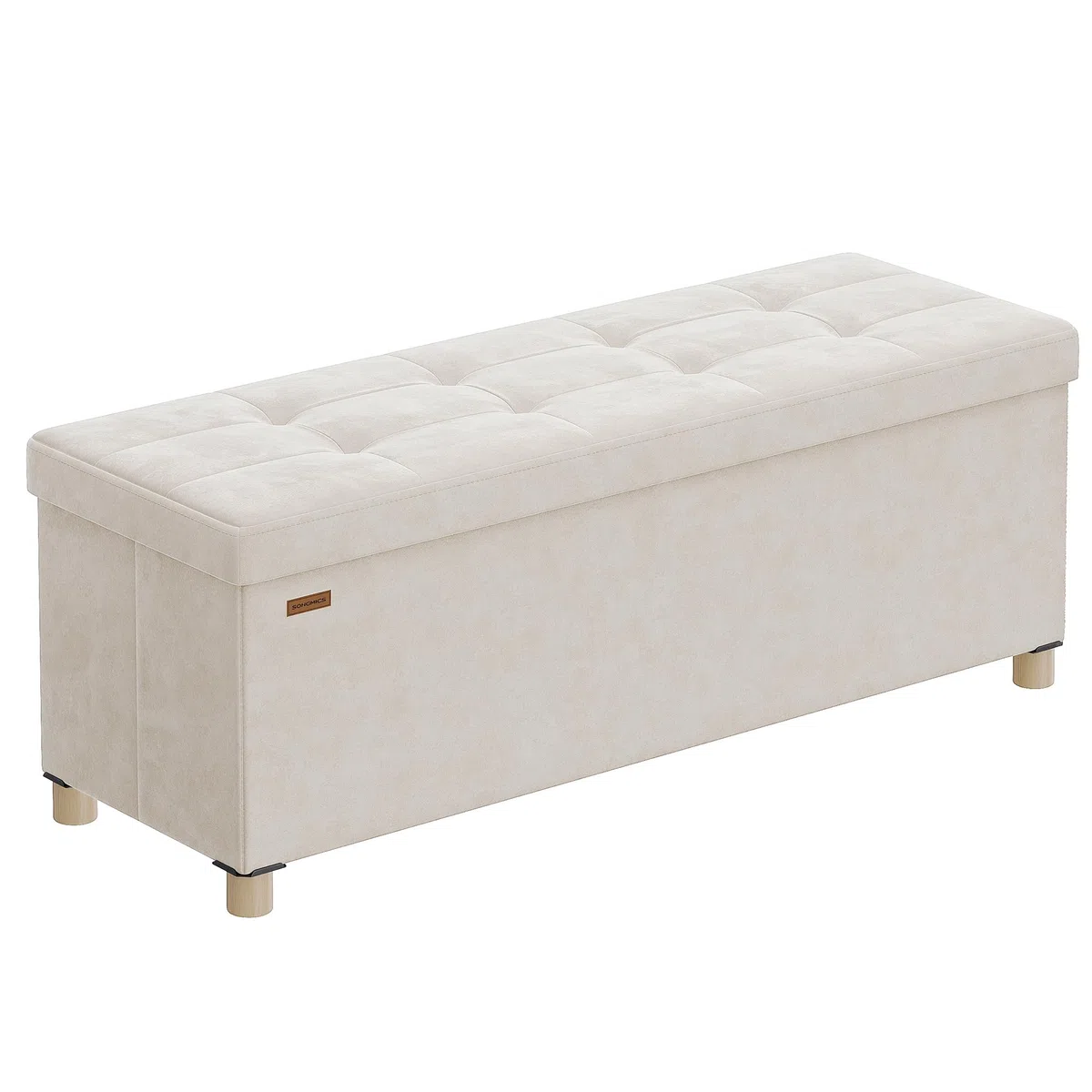 SONGMICS Puff Almacenaje, Banco Plegable, 38 x 110 x 40 cm, Reposapiés, 112 L, Superficie de Terciopelo, para Dormitorio, Sala de Estar, Dormitorio, Beige Capuchino LSF0518W02
