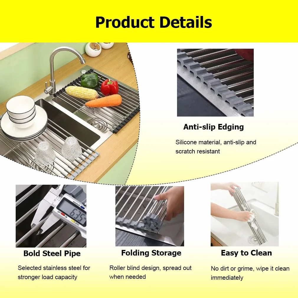 Escurridor de platos enrollable sobre el fregadero, portátil, de acero inoxidable, con ruedas, alfombrilla plegable, cubierta para fregadero, organizador multiusos, escurridor de platos plegable.