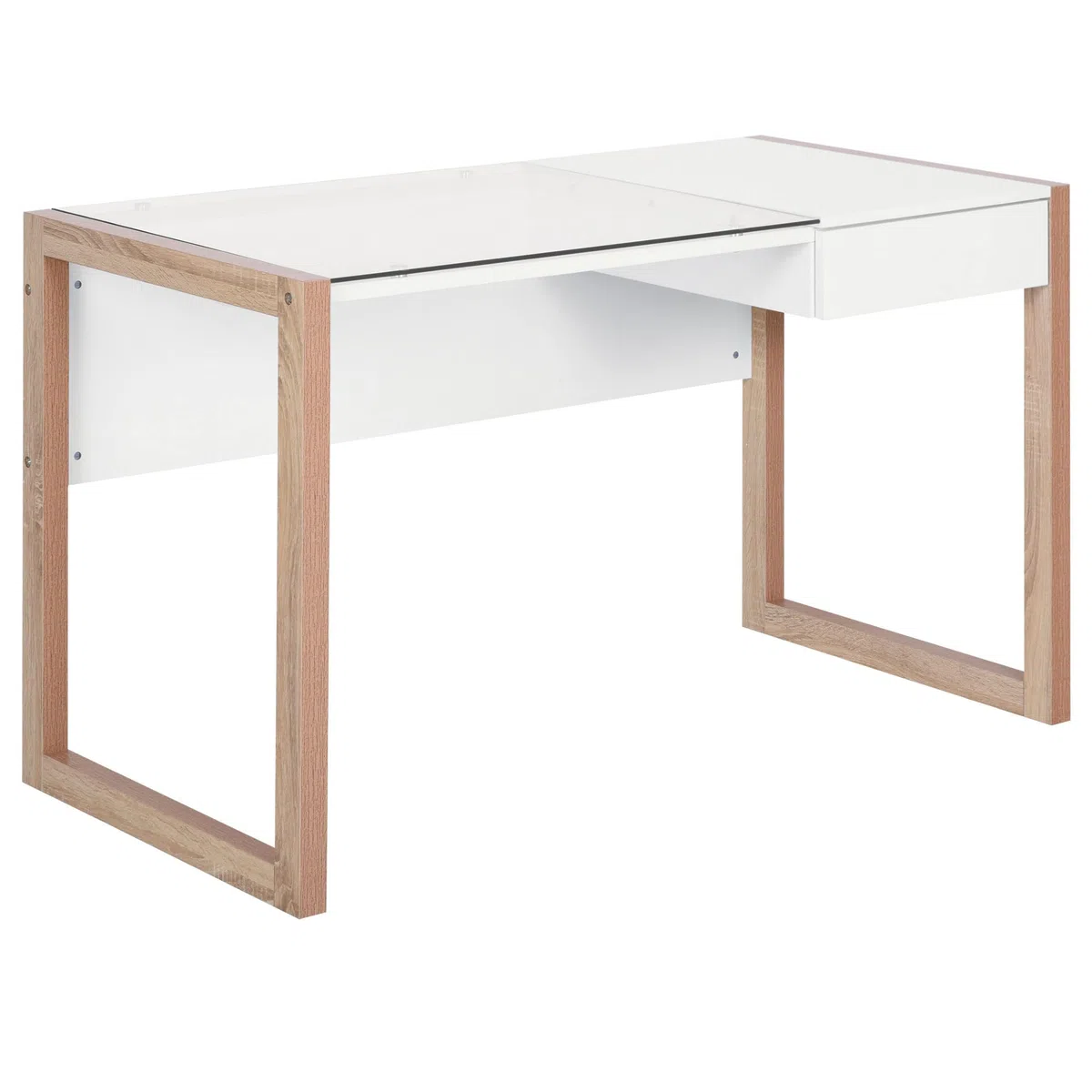 HOMCOM Mesa de Ordenador Diseño Moderno Cajón Oficina 120x60x75 cm Blanco | Mesa de Escritorio, Tablero de Vidrio Templado, Combinación de Estilos, Estudio