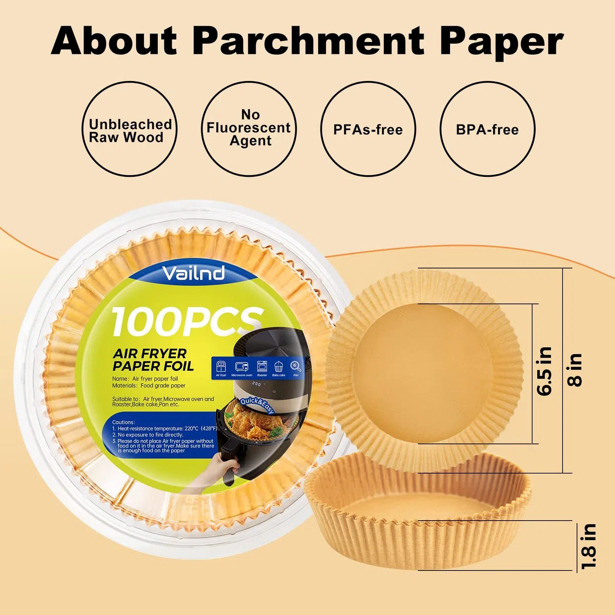 Forros de papel desechables para freidora de aire: 100 hojas redondas de pergamino a prueba de aceite, forro de cesta de papel para freidora de aire para hornear alimentos