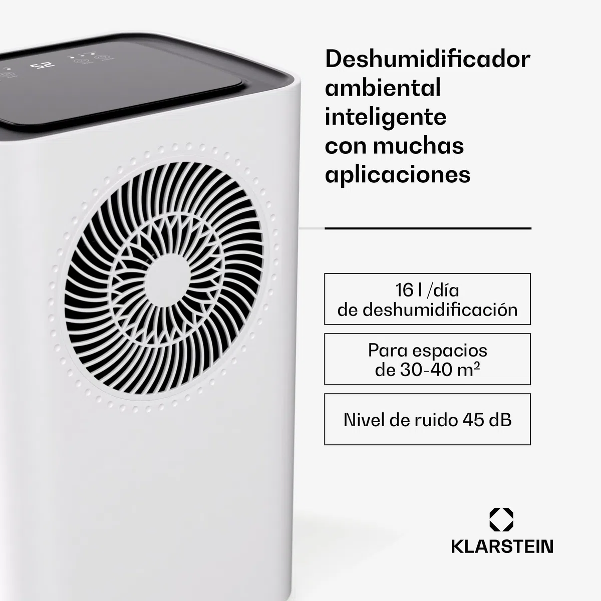 Klarstein CircleDry 16L Deshumidificador Inteligente, Wifi, Silencioso 38dB, Temporizador 24h, Drenaje Continuo, Control de Humedad, Portátil para Hogar, Oficina, Habitaciones hasta 32m²