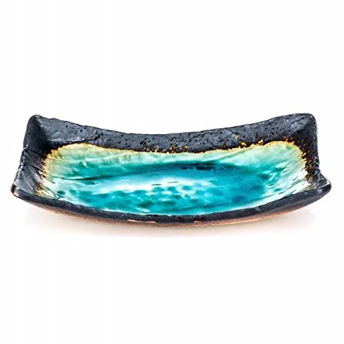 Gran Plato De Cerámica Placa Oblonga Japonés Para Sushi Y Cocina Asiática En Crackleglaze Azul - 26cm
