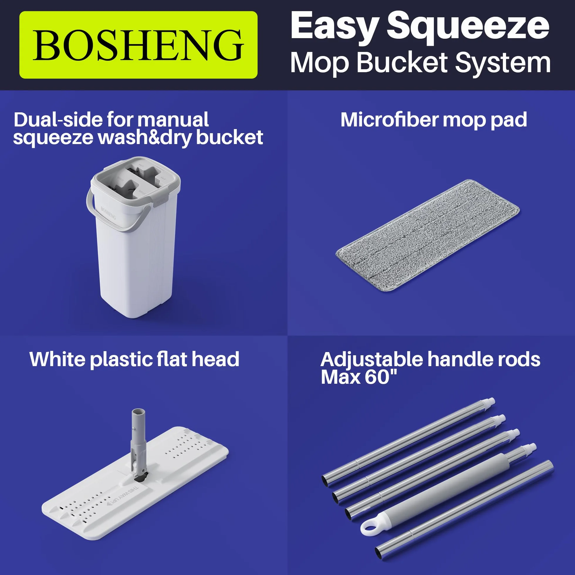 BOSHENG Trapeador y cubo con juego de escurridor, fregona plana y cubo, con mango largo y 4 almohadillas reutilizables de microfibra, uso húmedo y seco para limpieza del hogar y limpieza de suelos