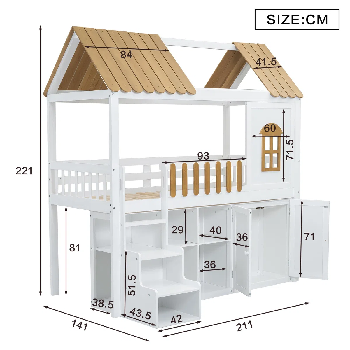 Cama alta de 90 x 200 cm, cuna con armario, cama de madera con ventana y zapatero, cama para niños y adolescentes (sin colchón) blanco+pino natural