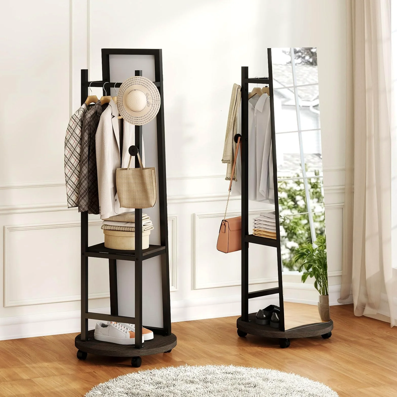 GIANTEX Perchero con Espejo de Cuerpo Entero, Árbol para Colgar Ropa con Vidrio Irrompible, Ganchos, Estantes de Almacenamiento y Ruedas con Freno, para Entrada, Sala y Dormitorio (Negro)