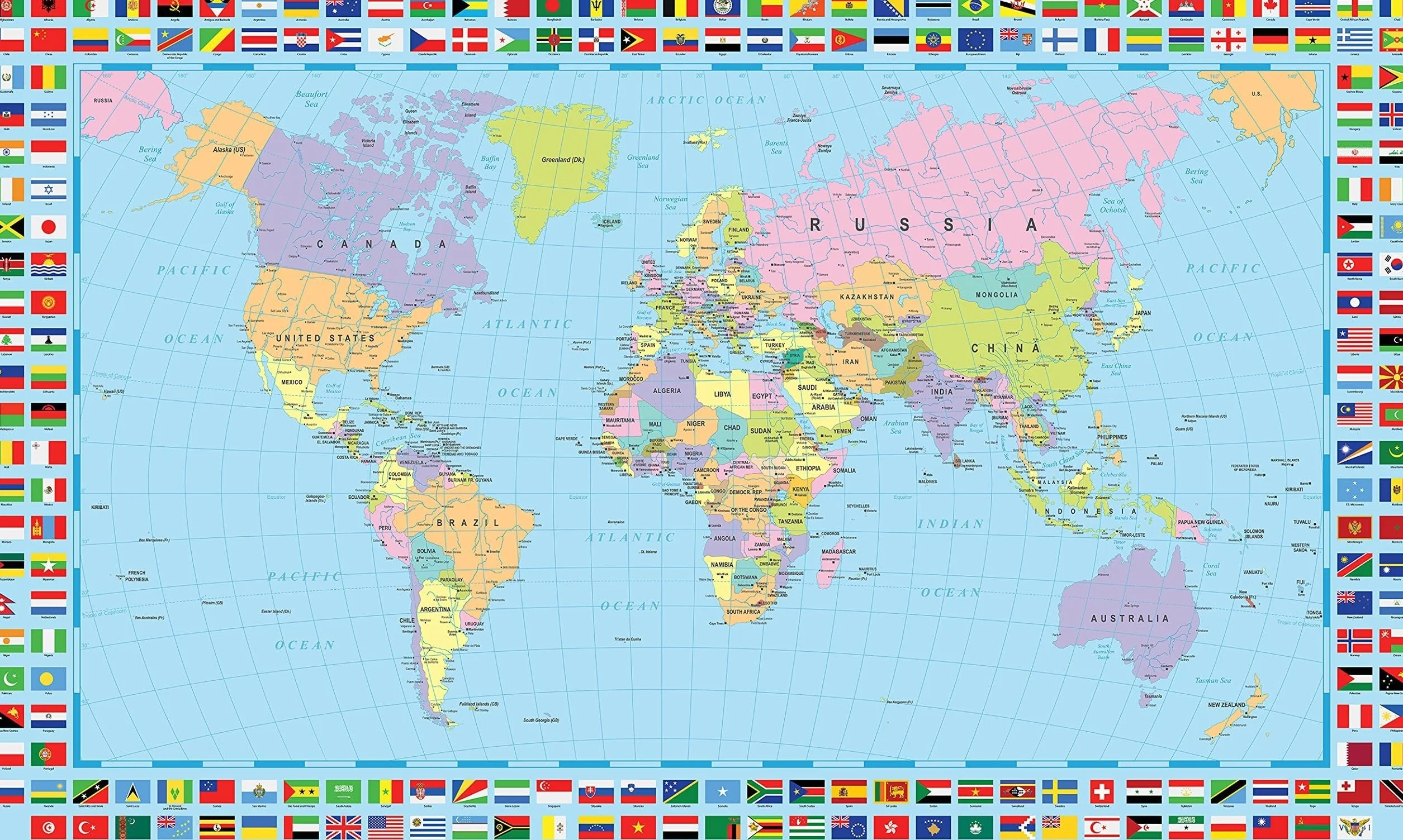 World Map Political Poster With Country Flags Educational Geography Atlas Travel Wall-Art Print Decor for Bedroom Classroom Home
