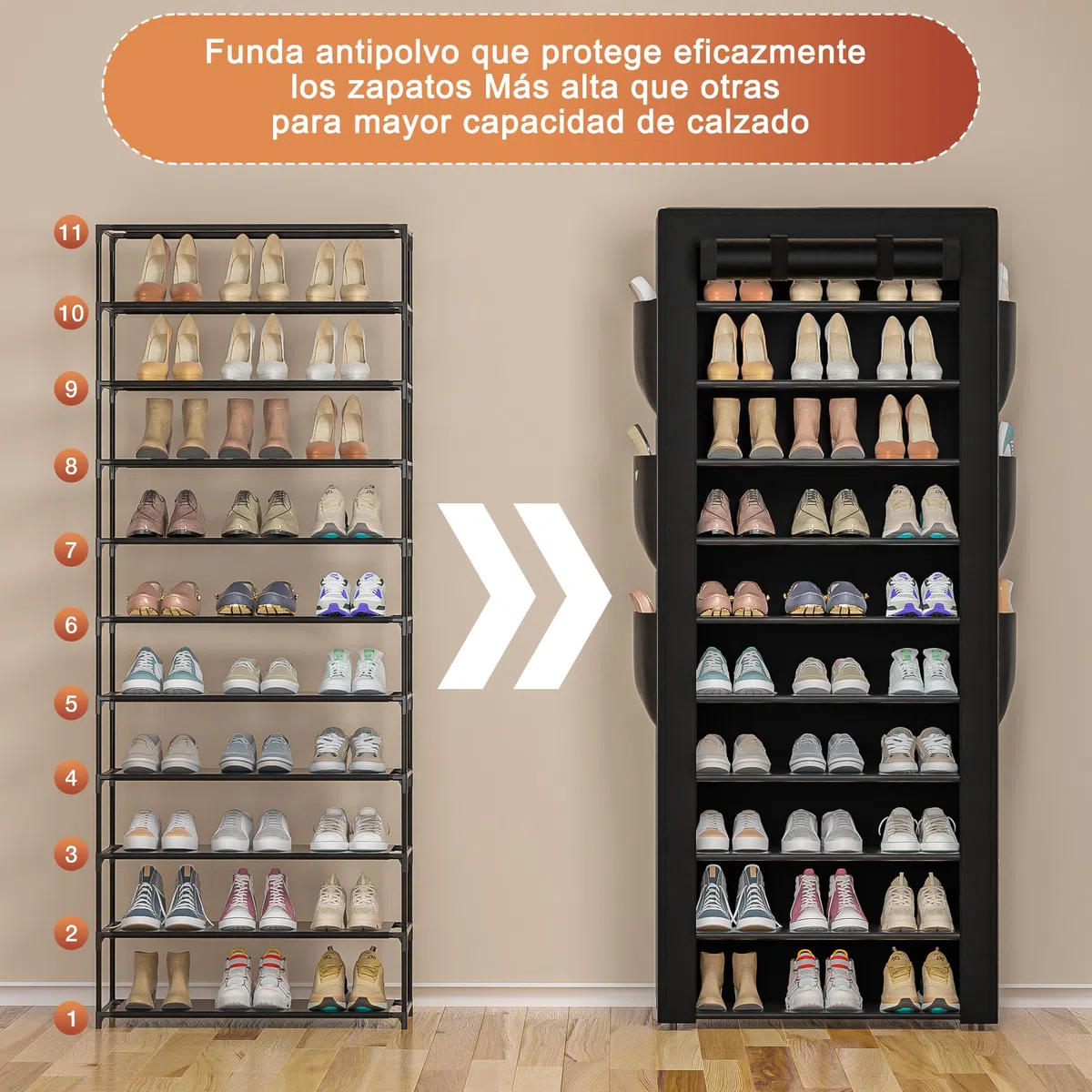 OYREL Zapatero Tela de 11 Niveles, Organizador de Zapatos con Funda de Tela,Zapatero Grande y Alto para 36-41 Pares, con Bolsillo Lateral Grande en Ambos Lados, para Armario Entrada