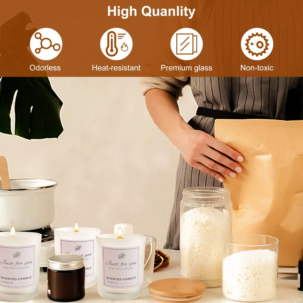 CONNOO Milch - Tarros de cristal para velas (200 ml, 15 unidades) | Tapas de bambú herméticas, etiquetas de advertencia para hacer velas, para hacer velas
