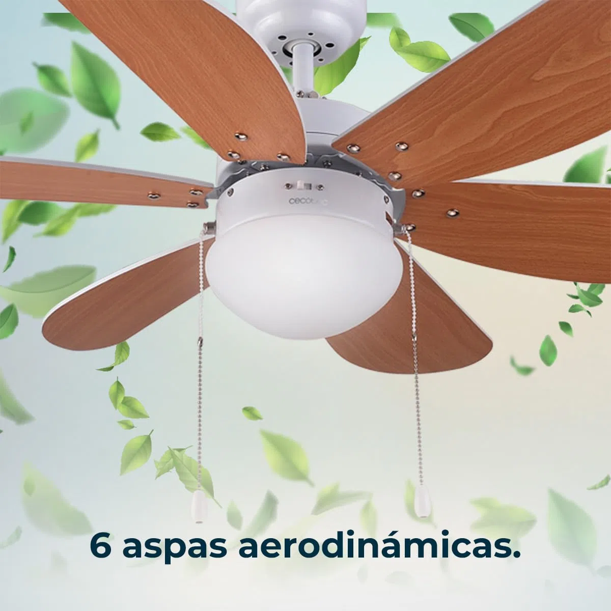 Cecotec Ventilador de Techo con Luz EnergySilence Aero 360. 50 W, Bajo consumo, 91 cm de Diámetro, 6 Aspas Reversibles, 3 Velocidades, Función Invierno, Acabado en blanco/madera, Bombilla No Incluida